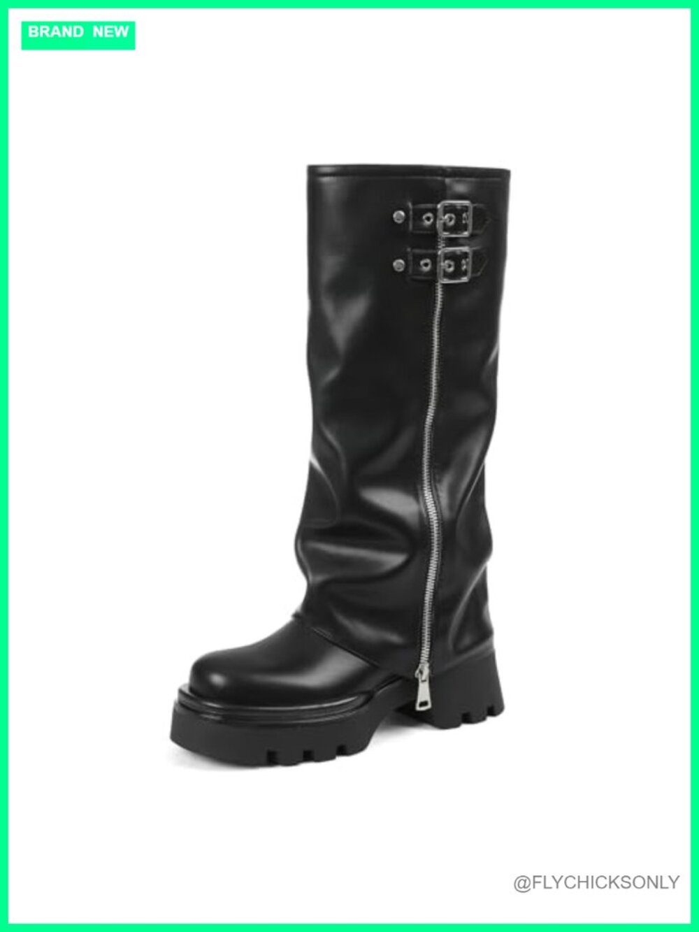 Faux Leather Knee High Foldover Boots Chunky Platform Pull On Punk
